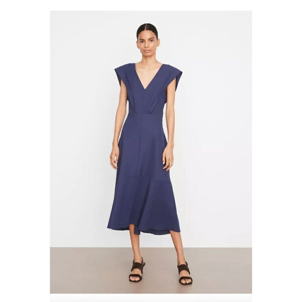 Vince V Neck Tie Back Flutter Sleeve Midi Dress Twilight Blue Womens Size XL